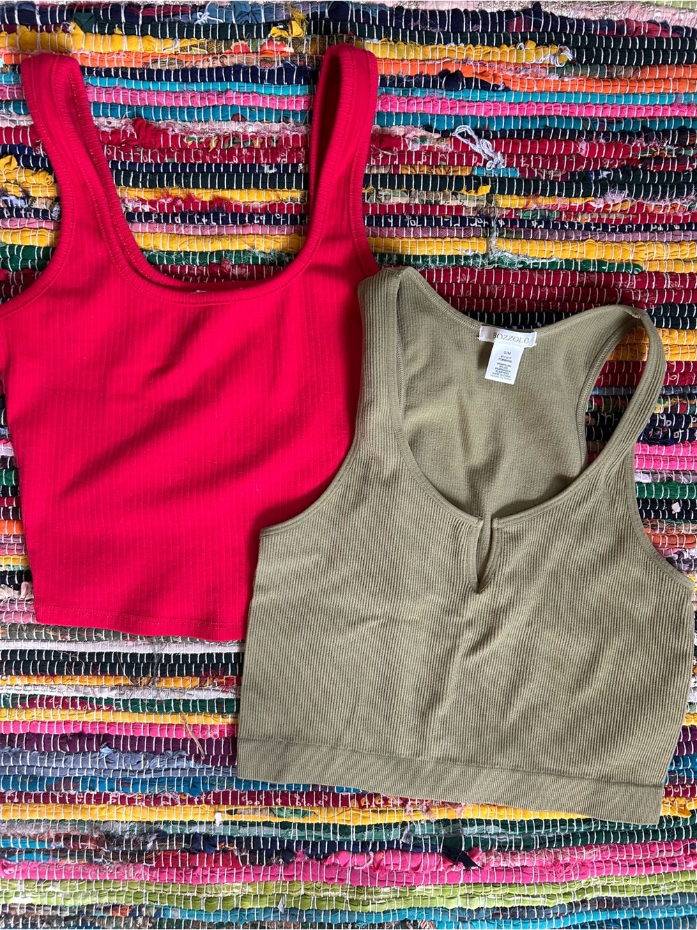 Bozzolo Ribbed Crop Tank Tops - Red and Olive S (Set of 2)